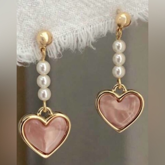 Fashion Jewelry Jewelry - Gold & Pink Heart Drop Earrings